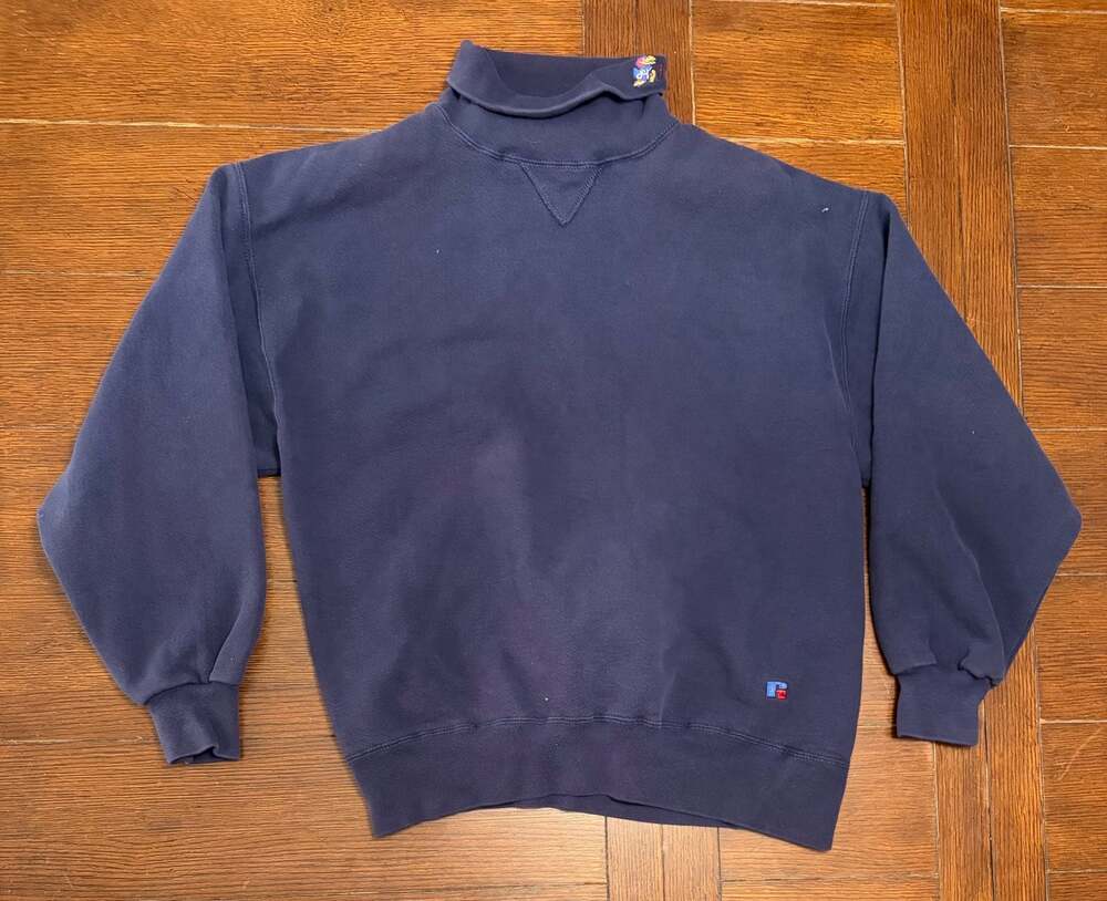Vintage 90s Russell Athletic High Cotton Kansas Jayhawks Navy Mock Sweatshirt